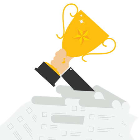 Champion businessman holding in hand prize achievement reward trophy  Illustration