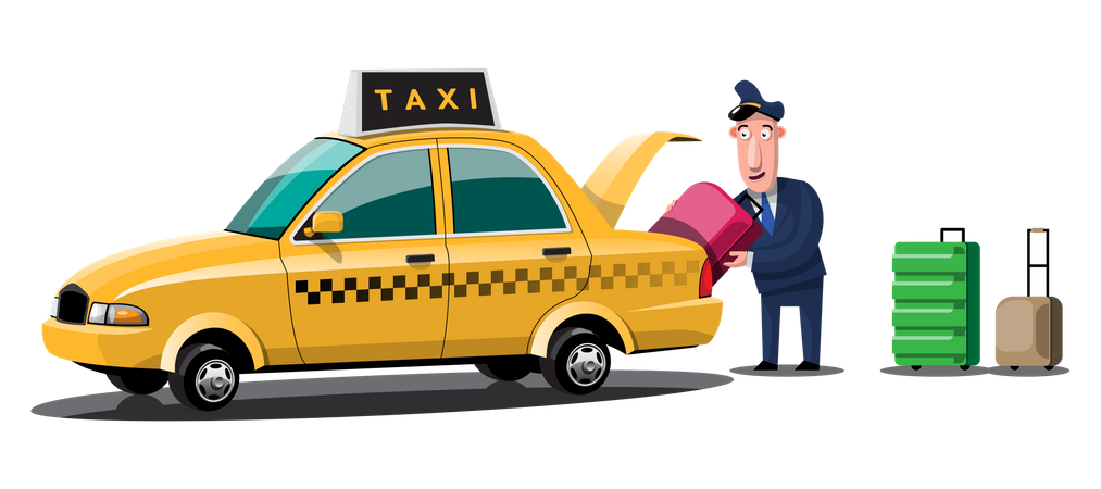 Chauffeur de taxi mettant les bagages du passager dans le coffre du taxi  Illustration