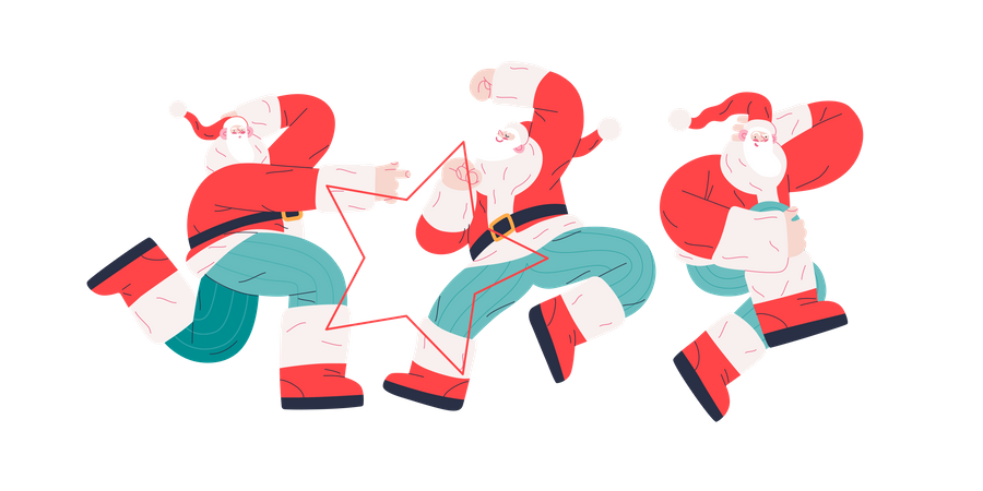 Cheerful Group of Santa Claus dancing in different ways  일러스트레이션