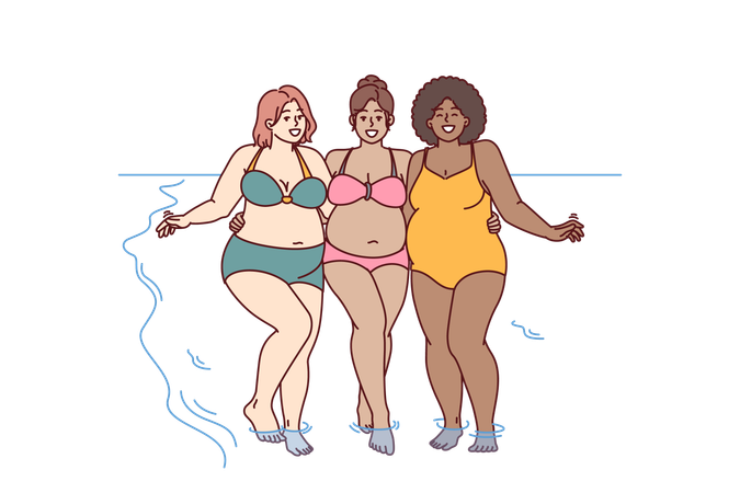 Cheerful plus size women dressed in swimsuit stand hugging on sunny beach near sea water  일러스트레이션