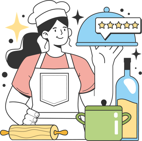 Chef femenina con calificación de comida de cinco estrellas  Ilustración