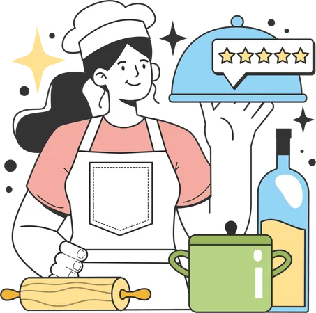 Chef femenina con calificación de comida de cinco estrellas  Ilustración