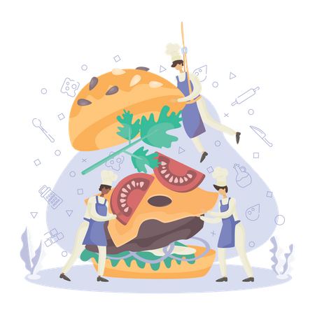 Chef cook tasty hamburger  Illustration