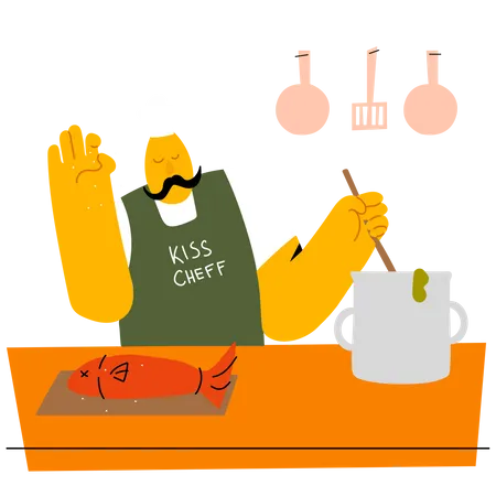 Chef cooking fish  Illustration