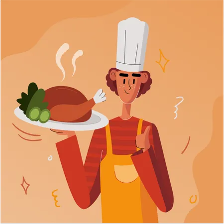 Chef cuisinier dinde rôtie  Illustration