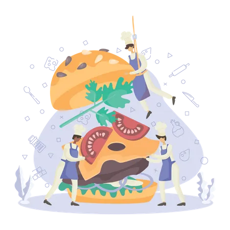 Chef cuisinier savoureux hamburger  Illustration