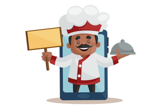 Chef holding board and recipe on mobile Screen as online order Concept  イラスト