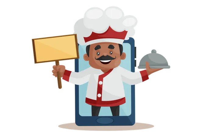 Chef holding board and recipe on mobile Screen as online order Concept  イラスト