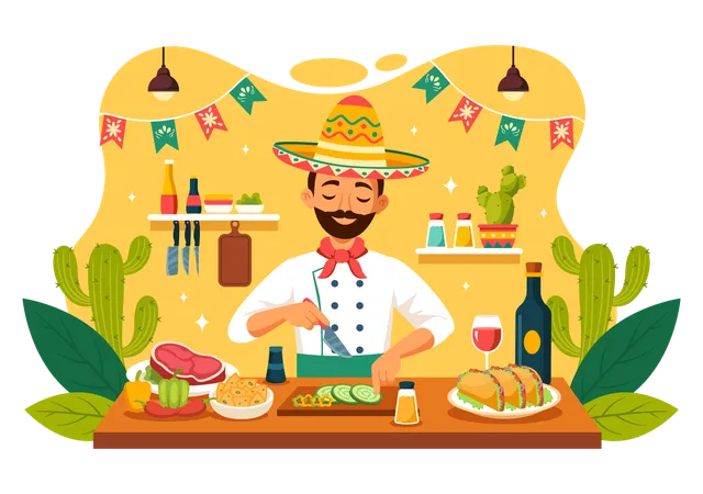 Chef masculin préparant un plat mexicain au restaurant  Illustration