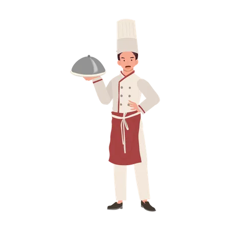 Chef in Hat and Uniform Holding Plate  イラスト