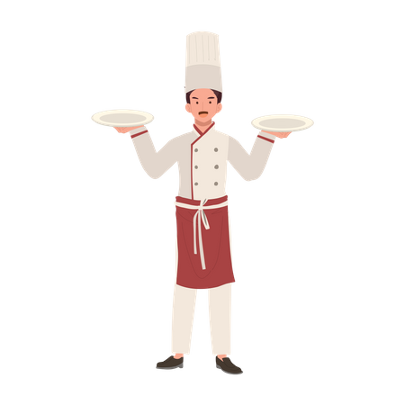 Chef in Hat and Uniform Holding Plate  イラスト