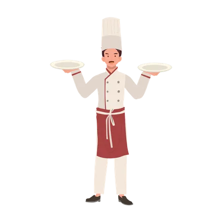 Chef in Hat and Uniform Holding Plate  イラスト