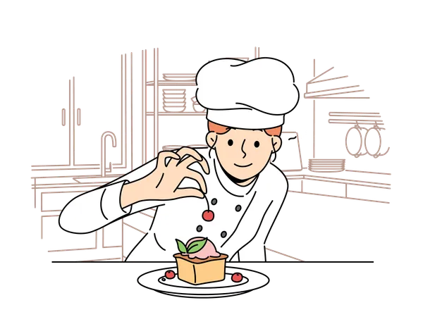 Chef is doing cherry topping on cupcake  Illustration