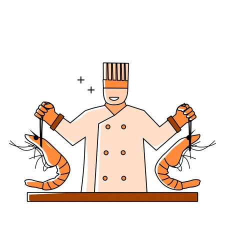 Chef professionnel tenant des crevettes  Illustration