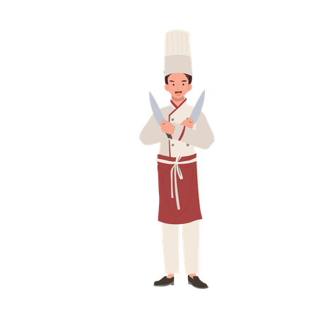 Chef wearing Uniform Crossed Arms with Knife  イラスト