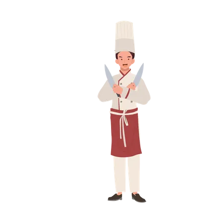 Chef wearing Uniform Crossed Arms with Knife  イラスト