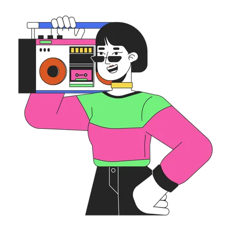 Cool chica asiática llevando boombox en el hombro  Ilustración