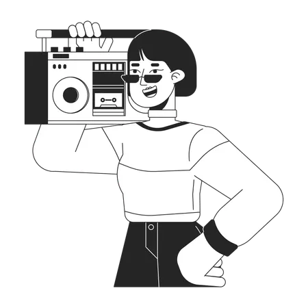 Cool chica asiática llevando boombox en el hombro  Ilustración