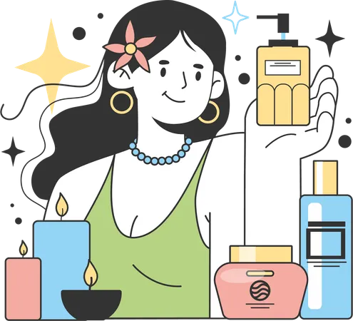 Chica con productos cosméticos  Ilustración