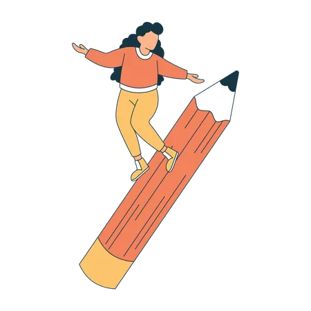 Chica de secundaria surfeando en un lápiz gigante  Ilustración