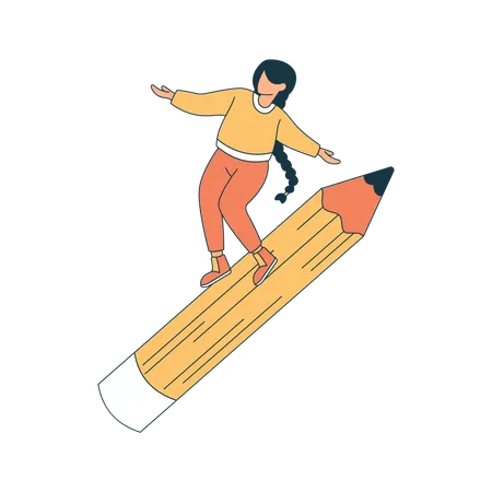 Chica de secundaria surfeando en un lápiz gigante  Ilustración