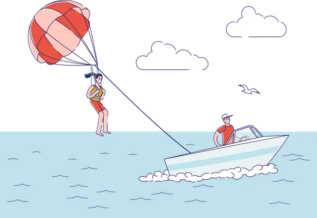 Chica haciendo parapente en la playa  Ilustración