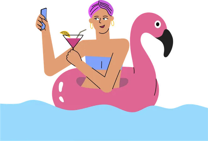 Chica hace selfie con cóctel en la piscina  Ilustración