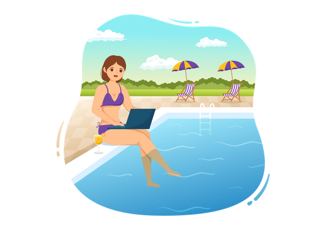 Chica trabaja de vacaciones  Ilustración