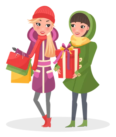 Chicas haciendo compras navideñas  Ilustración