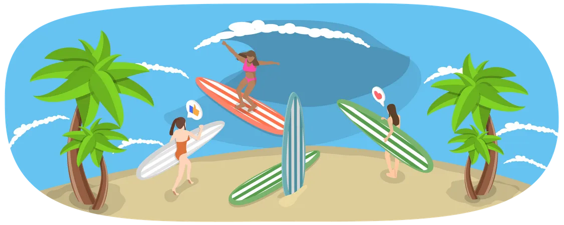 Chicas surfistas en la playa  Ilustración