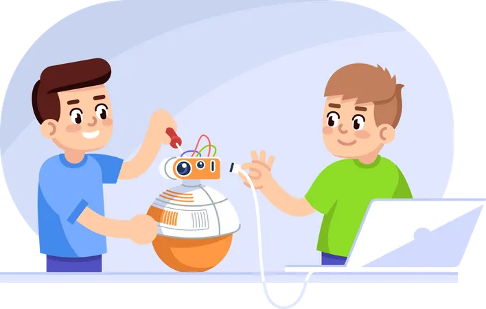 Niños creando robot  Ilustración