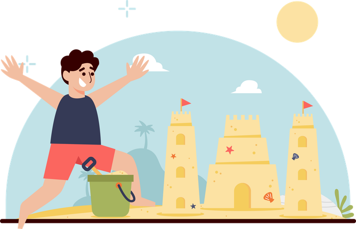 Child Building Sand Castle  Illustration