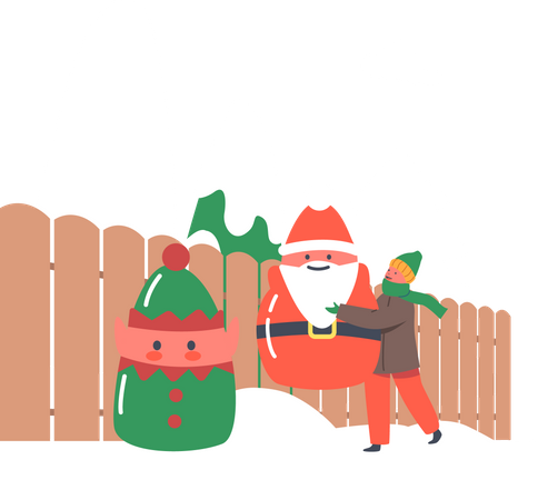 Child Decorate House Yard with Christmas Statues of Santa Claus and Elf put them into Snow  イラスト