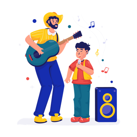 Child singer with man playing guitar  Illustration