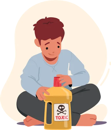 Child Sitting on Floor Play With Toxic Liquid Opening Bottle with Hazardous Poison  Illustration