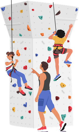 Children climbing wall with guidance of trainer  일러스트레이션