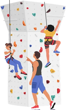 Children climbing wall with guidance of trainer  일러스트레이션