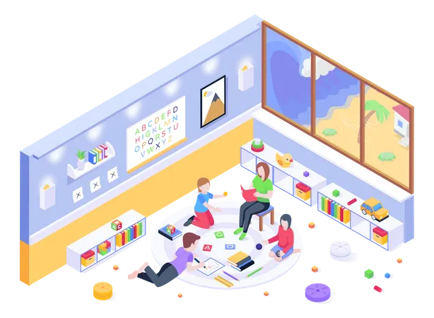 Children Doing Activities At Kindergarten  Illustration