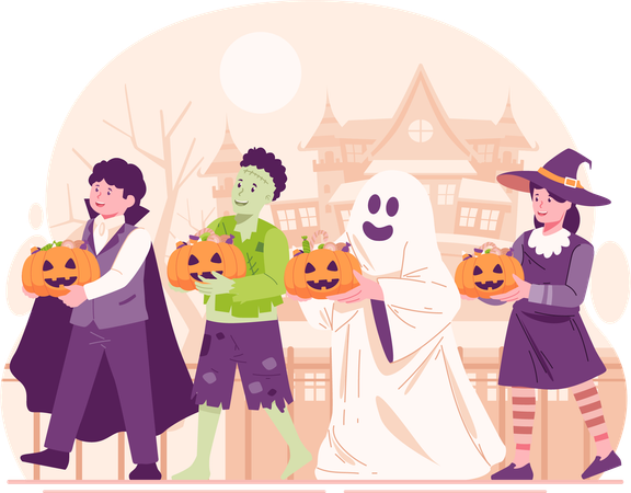 Children Dressed in Halloween Costumes Walking Around at Night to Get Some Candy Through Trick or Treating  イラスト