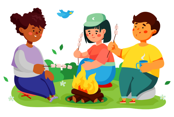 Children roasting marshmallows over campfire  Illustration