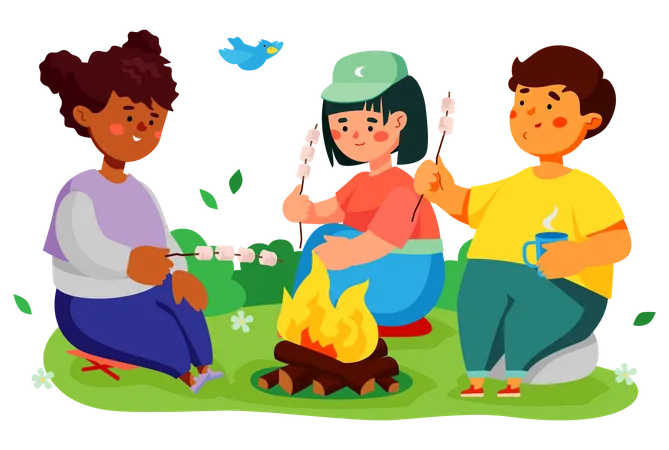 Children roasting marshmallows over campfire  Illustration