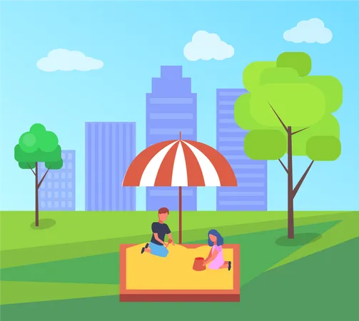 Children summer playground with a sandbox in modern kindergarten  イラスト