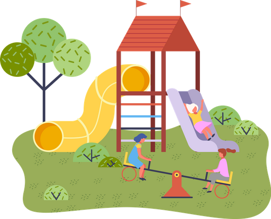 Children summer playground with slide swings and other elements of amusement park for children  イラスト