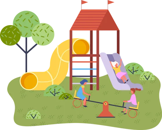 Children summer playground with slide swings and other elements of amusement park for children  イラスト