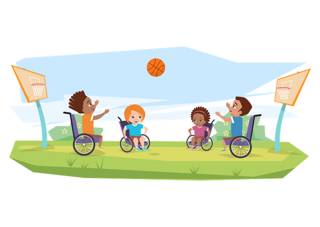 Children with disabilities playing basketball  イラスト