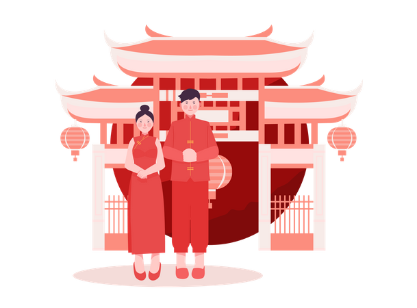 Chinese couple in traditional clothes  Illustration