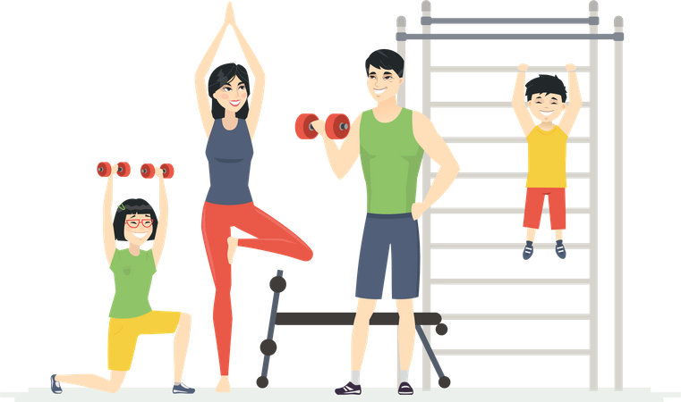 Chinese family at the gym  Illustration