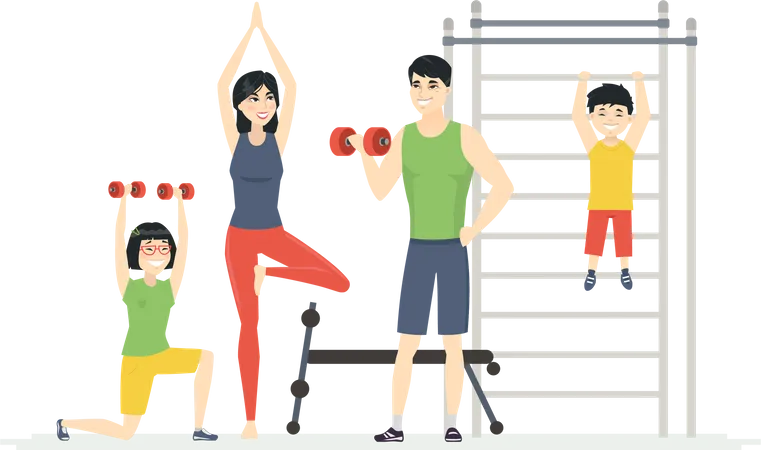 Chinese family at the gym  Illustration