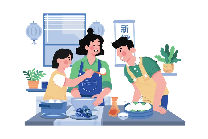 Chinese family doing dinner  Illustration