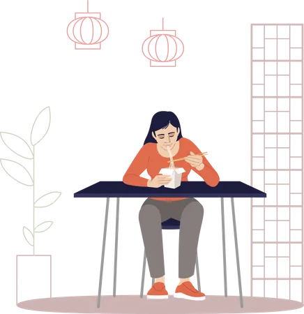 Chinese woman eating noodles with chopsticks  Illustration